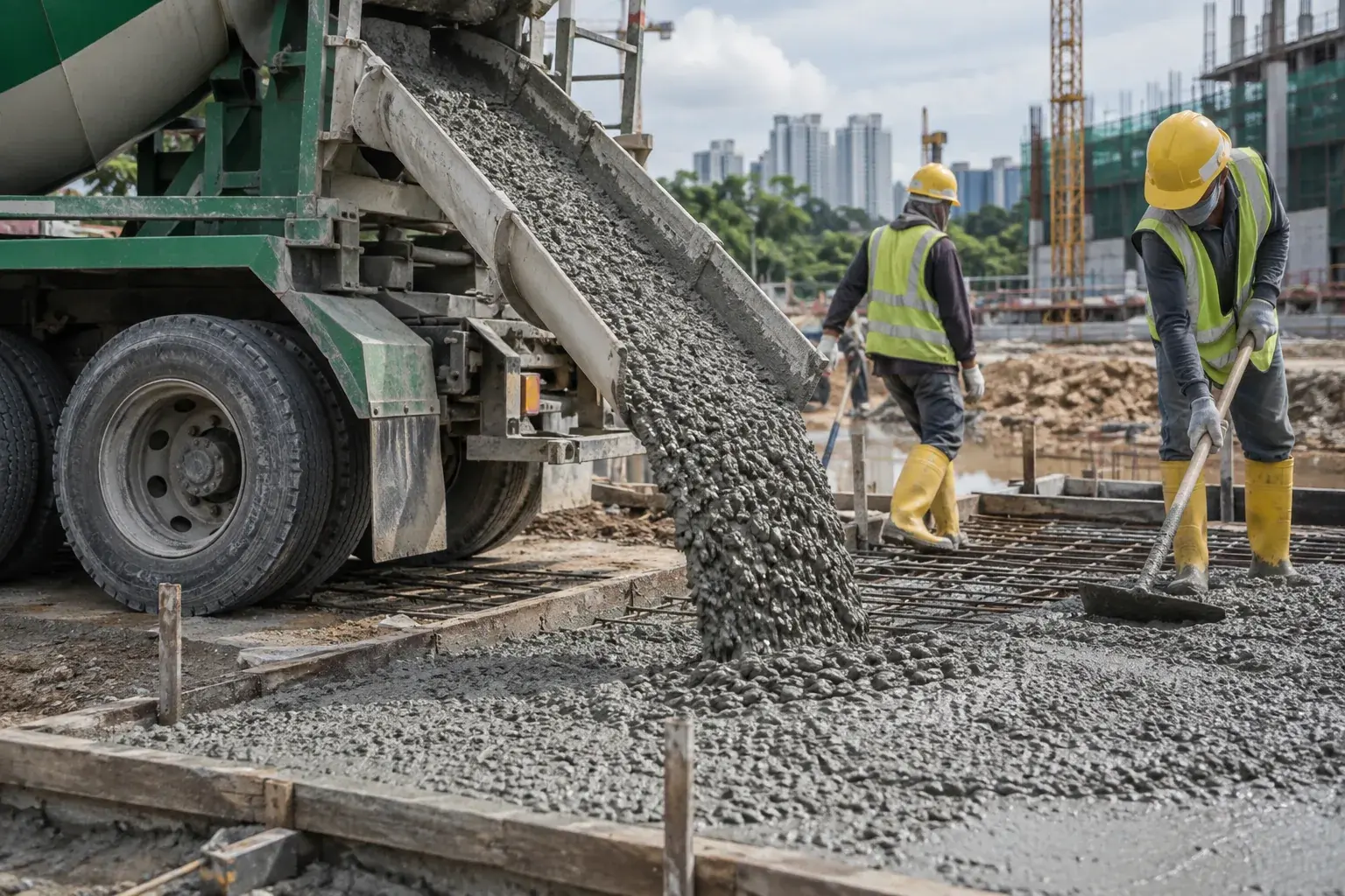 Ready-mix concrete being poured safely on site