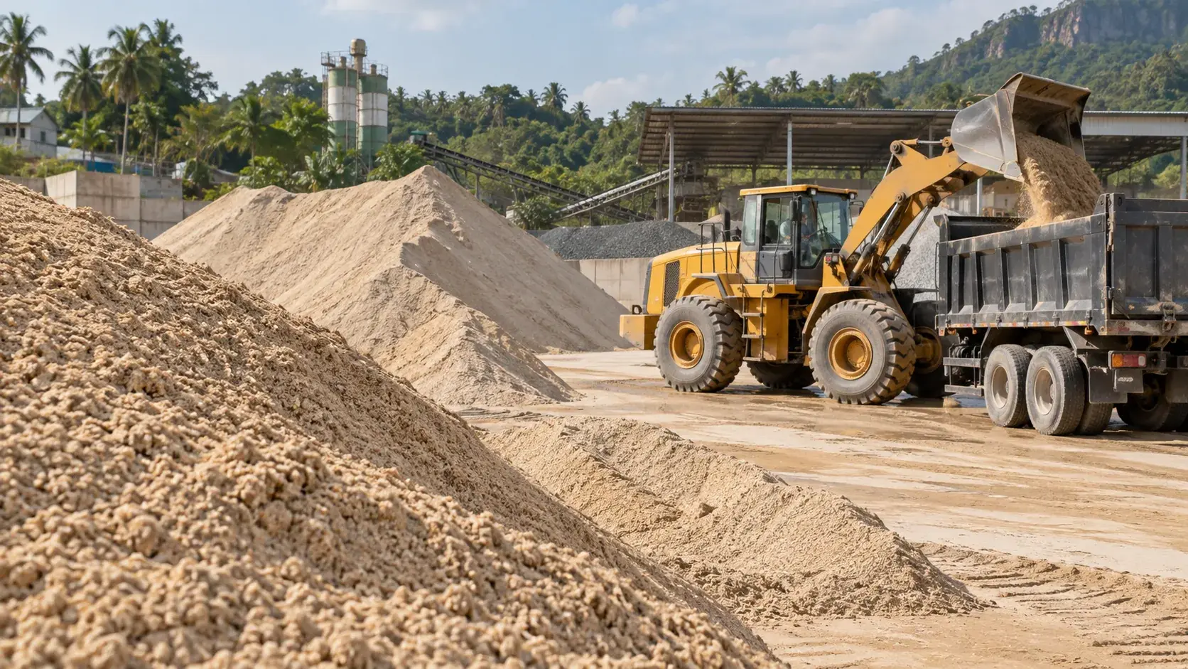 Construction sand supply yard and wheel loader